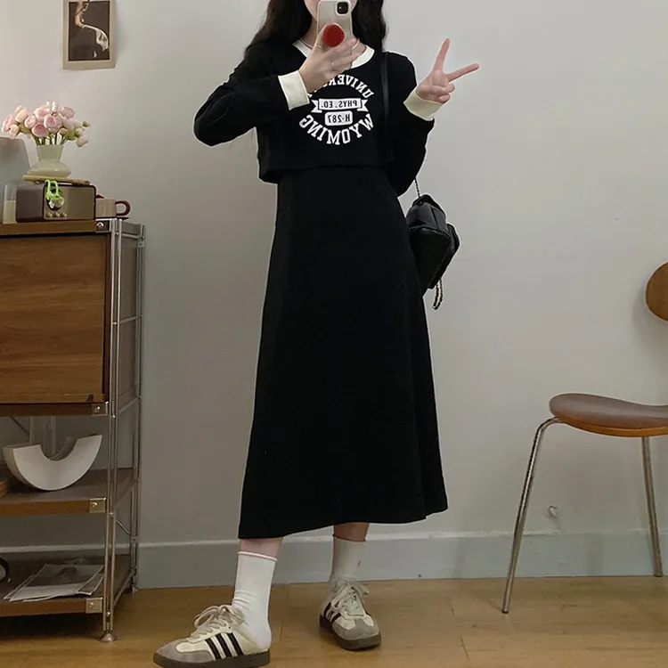 大码女装初秋法式长裙气质休闲显瘦撞色拼接假两件宽松百搭连衣裙