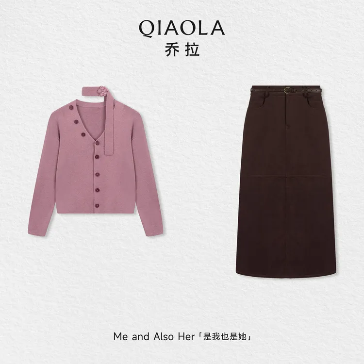 QIAOLA/乔拉【玫瑰手记】秋冬季羊毛V领毛衣复古百搭半身裙时尚套装