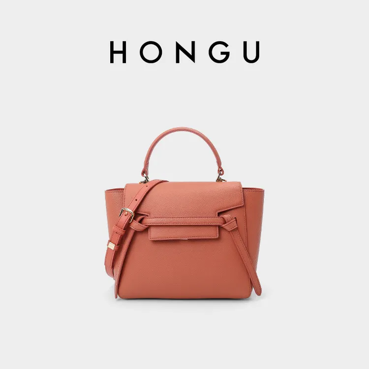 HONGU/红谷新款真皮单肩手拎包时尚通勤简约鲶鱼包大容量手提包