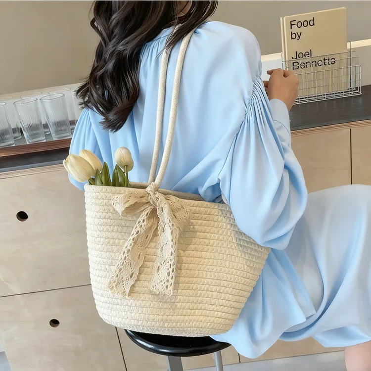 编织双根民族风花单肩包软包女包肩包草编包托特包