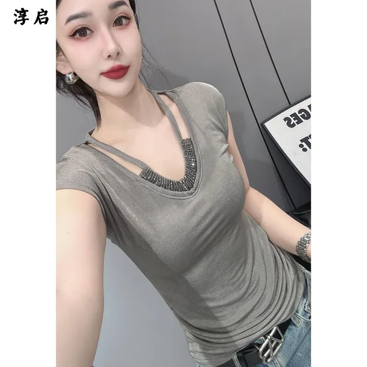淳启夏装新款紧身短袖恤女欧货假两件性感心机挂脖上衣漂亮小衫潮