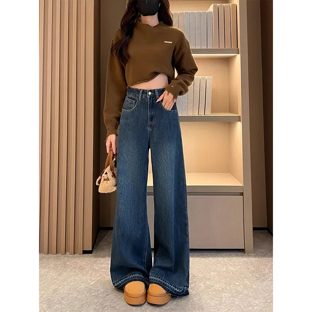 覆古阔腿牛仔裤女2025春季新款胖mm大尺码高腰显瘦垂感直筒拖地裤