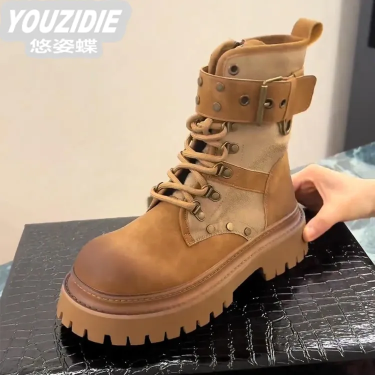 YOUZIDIE牛皮版~厚底马丁靴女英伦风夏薄款复古系带内增高短靴真