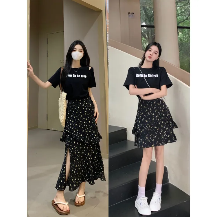 大码法式连衣裙女2025新款夏季微胖假两件碎花裙胖MM显瘦收腰裙子