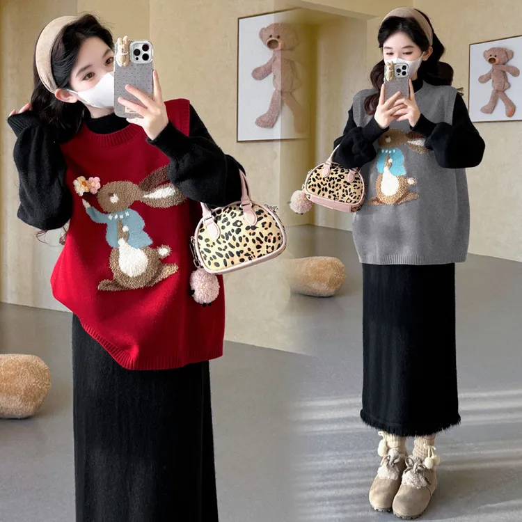孕妇装秋冬套装韩版宽松两件套冬季兔子提花马甲百褶打底裙套装