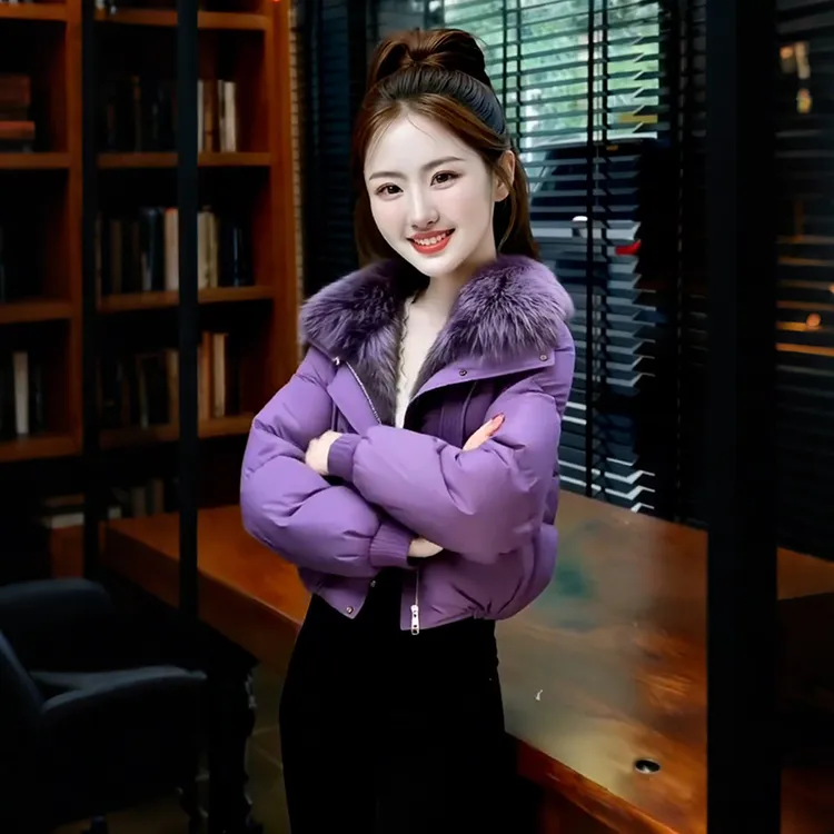 韩系高级感超好看紫色大毛领棉服女2025年新款冬季宽松显瘦棉衣
