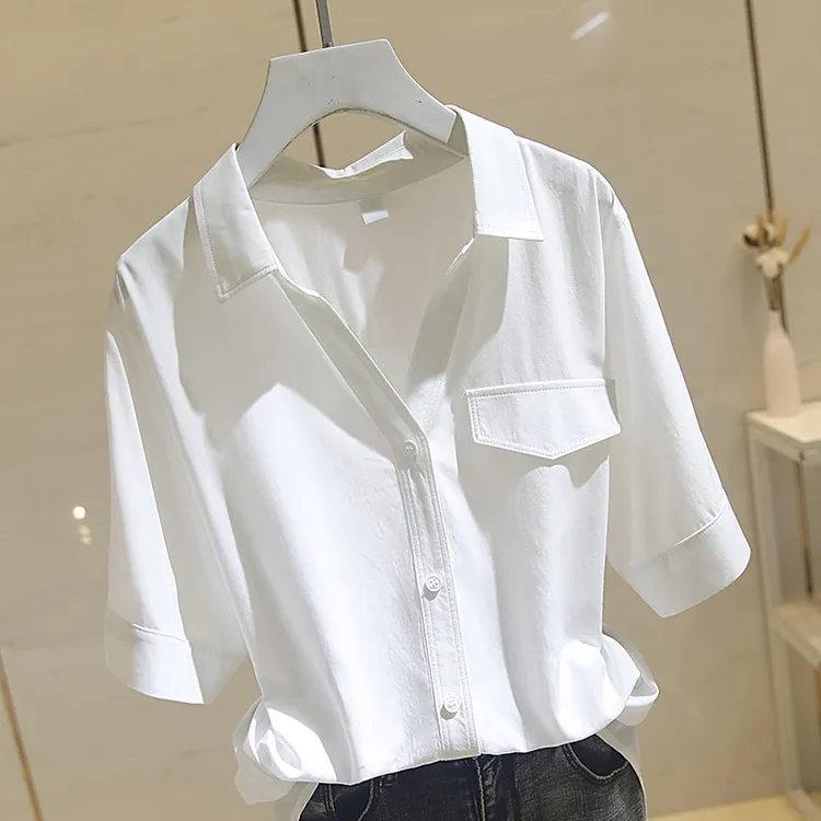 白色V领通勤风短袖衬衫女2025夏季新款宽松显瘦遮肉百搭垂感上衣
