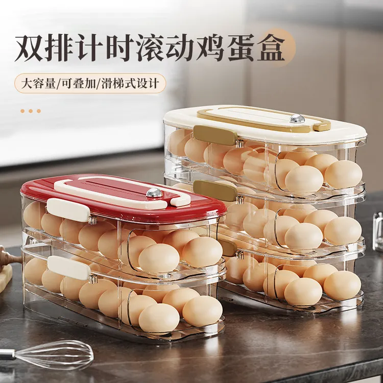 双排计时滚动鸡蛋盒冰箱透明保鲜收纳盒家用斜口滑梯式自动取蛋器