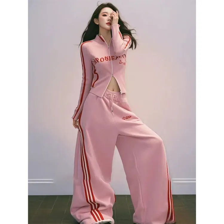 微胖显瘦一整套穿搭春季2025新款甜美粉色印花条纹上衣长裤两件套