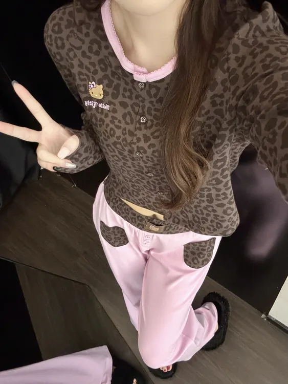 【DMXJ大梦想家】豹纹设计感Kitty睡衣女春秋季新款休闲家居服套装