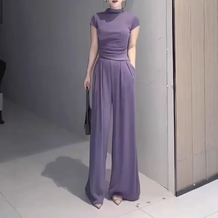 新款简约显瘦时尚高腰净版短袖上衣直筒休闲垂感阔腿裤女装25010