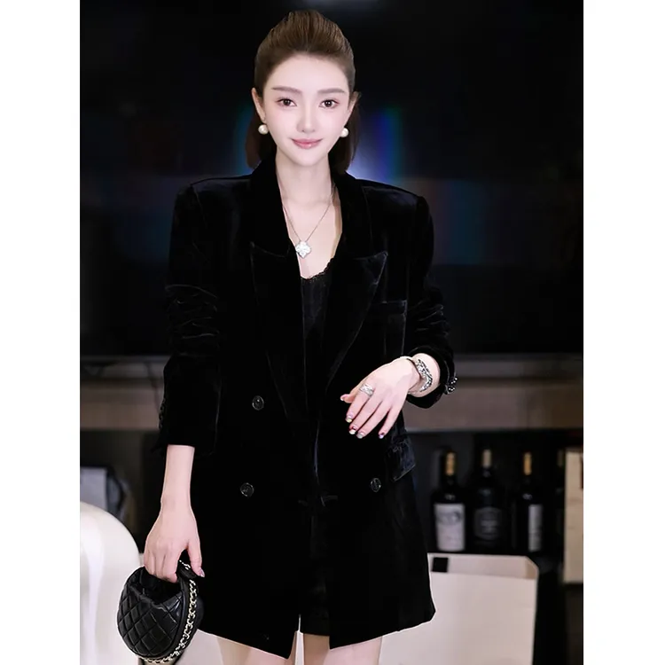 设计师品牌正品黑道千金法式赫本风真丝丝绒西装外套女