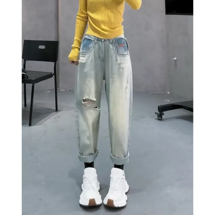 Aimeerosa/艾洛莎牛仔裤春季新款时尚潮流百搭帅气小众破洞萝卜裤