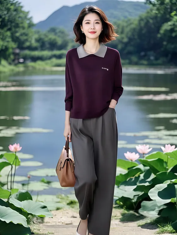 早秋2025新款时尚洋气假两件翻领针织衫高腰直筒休闲裤两件套女装