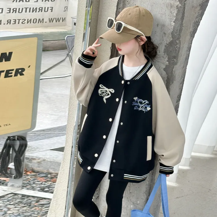 女童秋装洋气外套2025秋季新款棒球服韩版休闲风单排扣圆领夹克