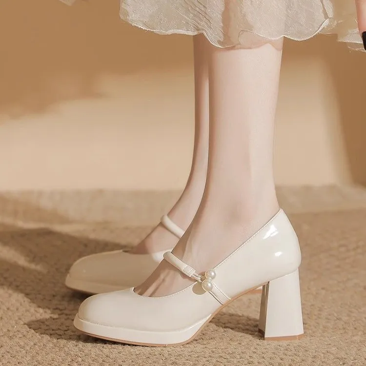 旗袍鞋子玛丽珍单鞋女2025新款仙女粗跟高跟鞋软皮晚晚温柔伴娘鞋