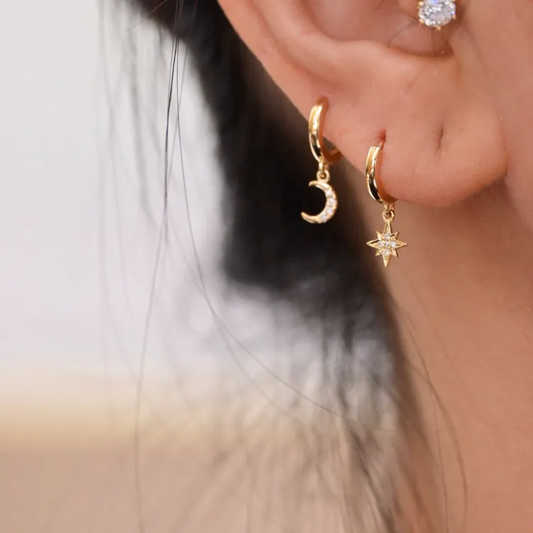 【JSZ】18k金天然钻石的星月耳骨扣，迷你精致叠戴款