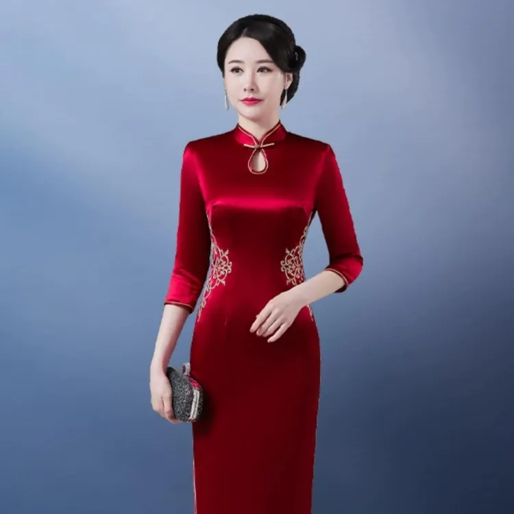 FAVMARTHA新款醋酸缎改良旗袍连衣裙喜婆婆婚宴结婚礼妈妈装礼服