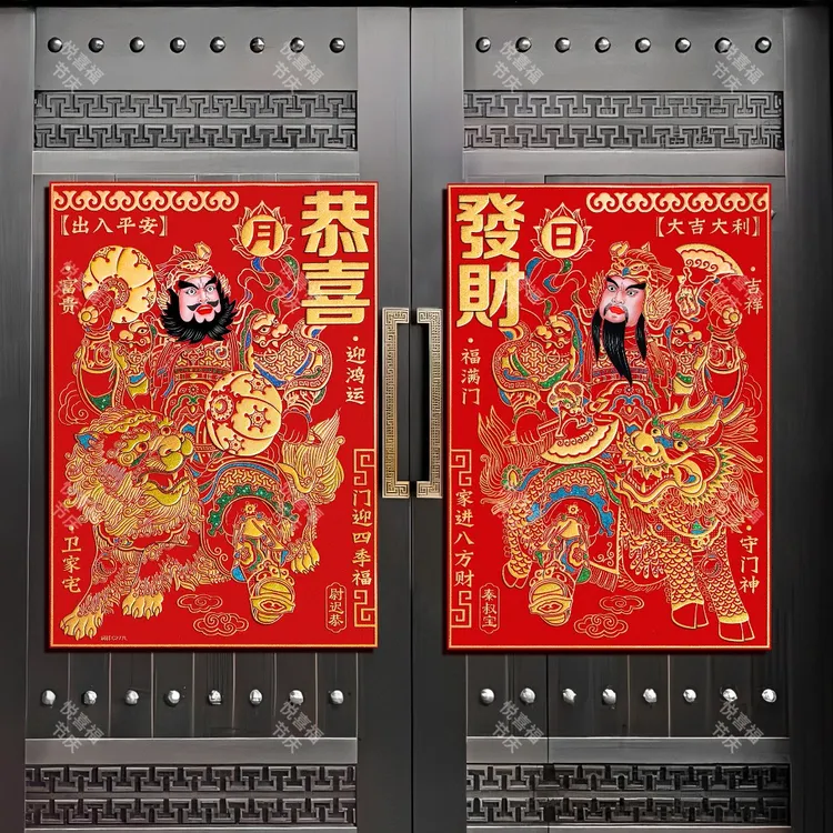 新年绒布门神防水防晒大门门贴过年单门防盗门秦琼关张立体装饰画