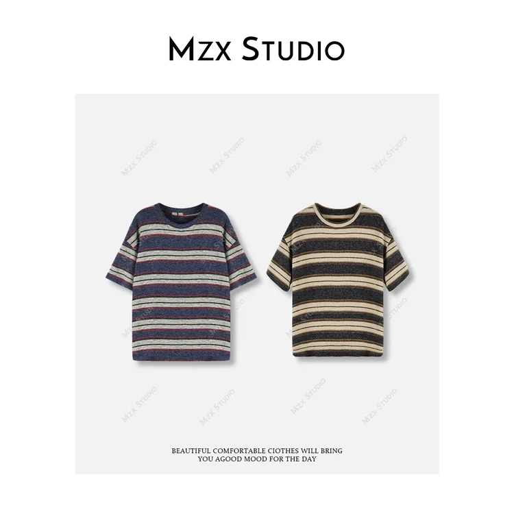 MZX日系复古撞色条纹双面绒感加厚短袖T恤百搭上衣SY11875-Q