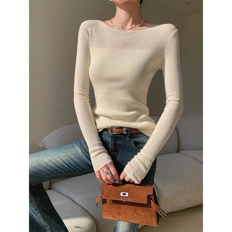 芊芊芙米色长袖针织衫女早春2025新款韩系洋气修身显瘦打底衫上衣
