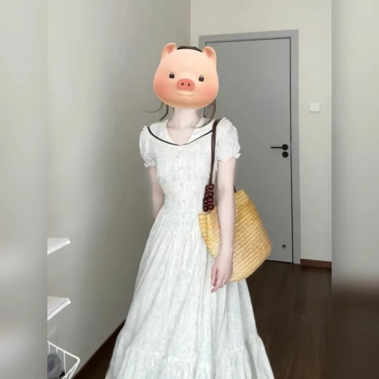 现货+运补学院风气质撞色收腰显瘦碎花连衣裙女装夏泡泡袖娃娃领大摆长裙子