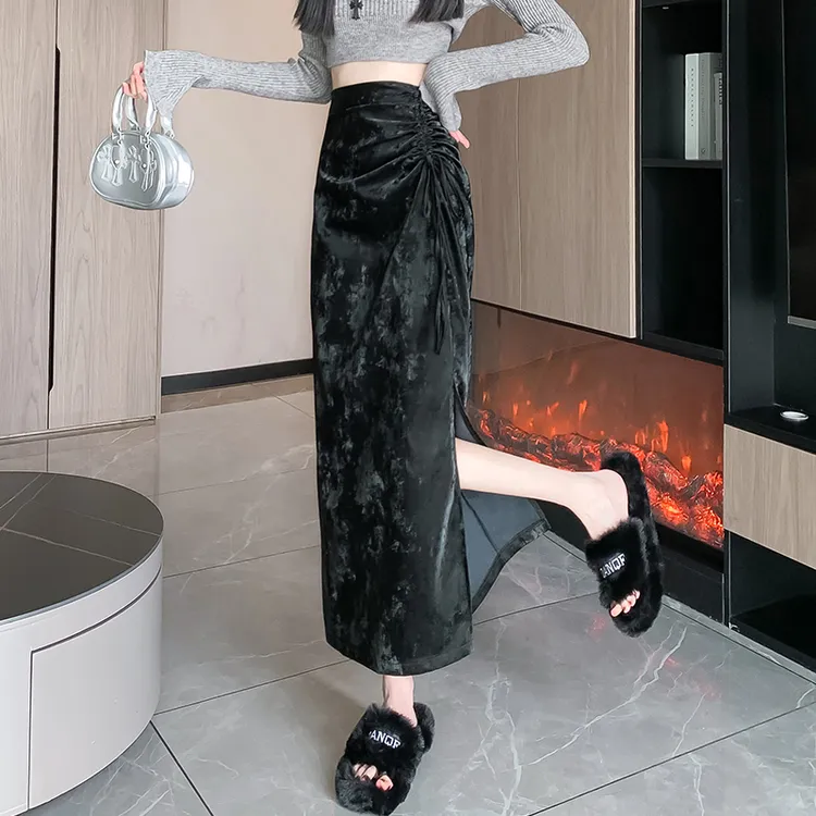抽绳褶皱系带高腰开叉中长裙女2025秋装韩版百搭遮跨包臀半身裙子