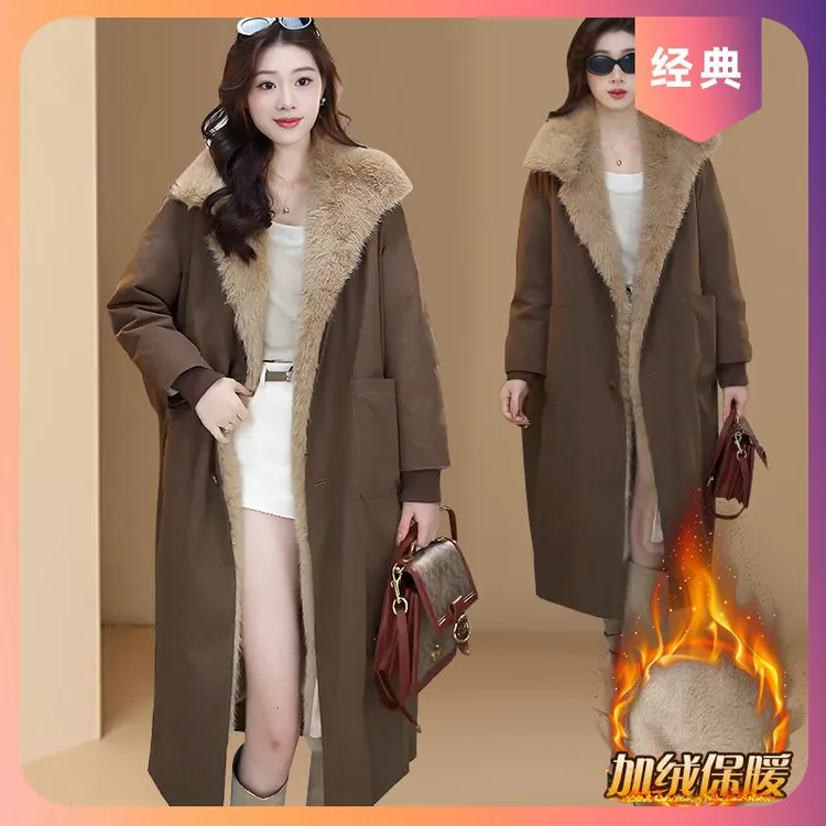 派克服女中长款2025秋冬季新款翻领毛毛外套时尚保暖宽松大衣女