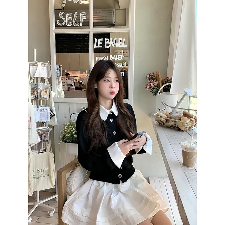 小香风复古假两件上衣女秋+2025小个子穿搭高腰半身裙子两件套装