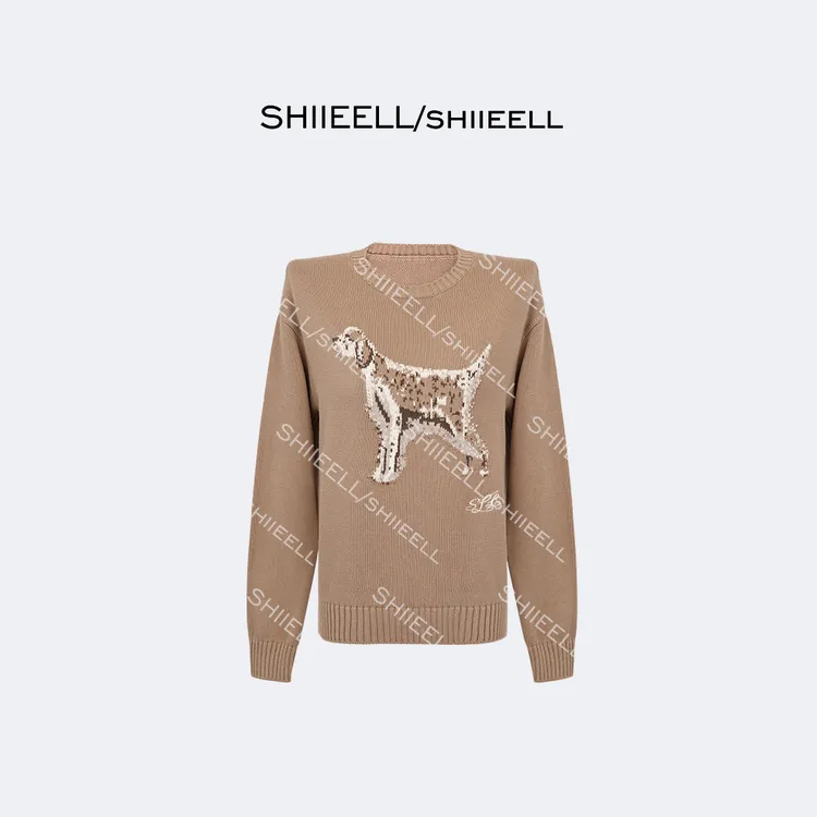 SHIIEELL【狗狗毛衫】美式复古棉纱小狗钩花图案圆领针织衫Z7441