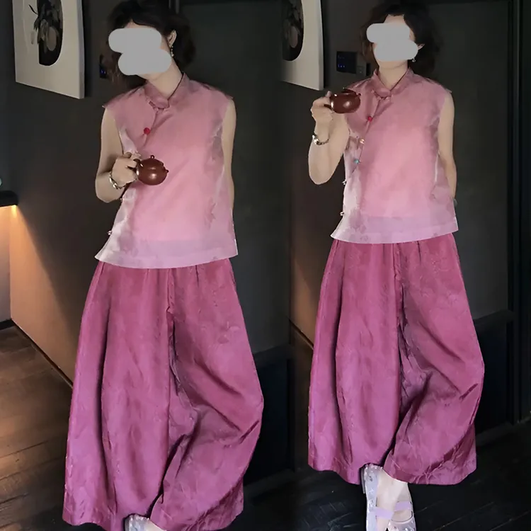 2025夏季新款新中式国风斜门襟玲珑彩扣提花上衣女显瘦阔腿裤套装