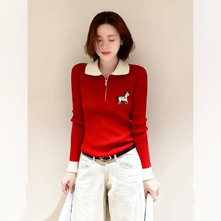 别致独特漂亮内搭红色polo刺绣小衫毛衣女秋冬洋气高贵针织衫上衣