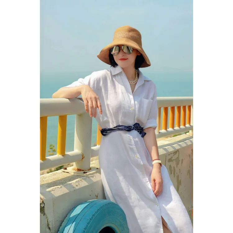 我是摩羯 南法假日 100亚麻腰部系带夏衬衫式A型连衣裙