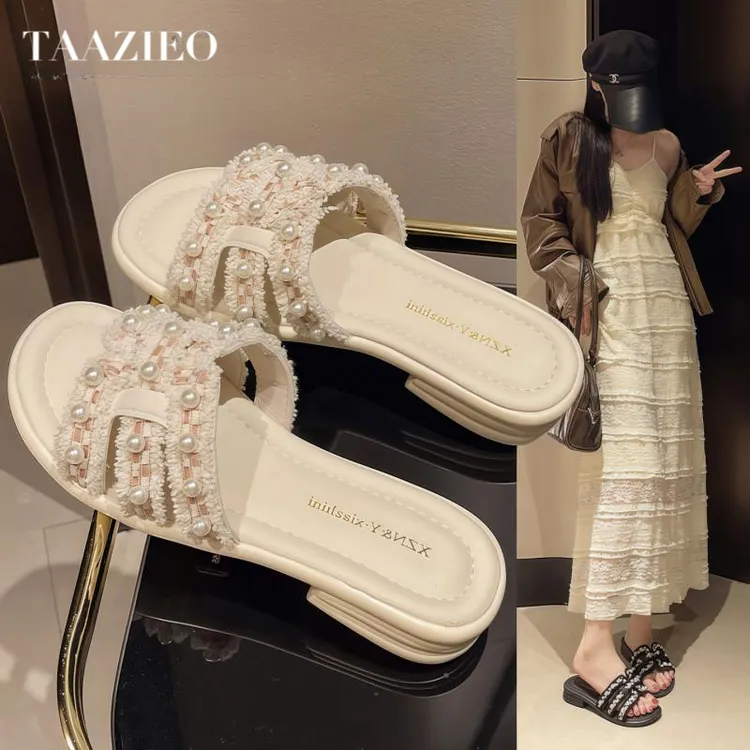 TAAZIEO仙女风珍珠拖鞋女夏外穿2025凉鞋配裙子夏季平底低跟一字