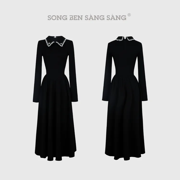 松本丧丧秋冬法式翻领黑色长袖连衣裙收腰显瘦连衣裙B254Q1920