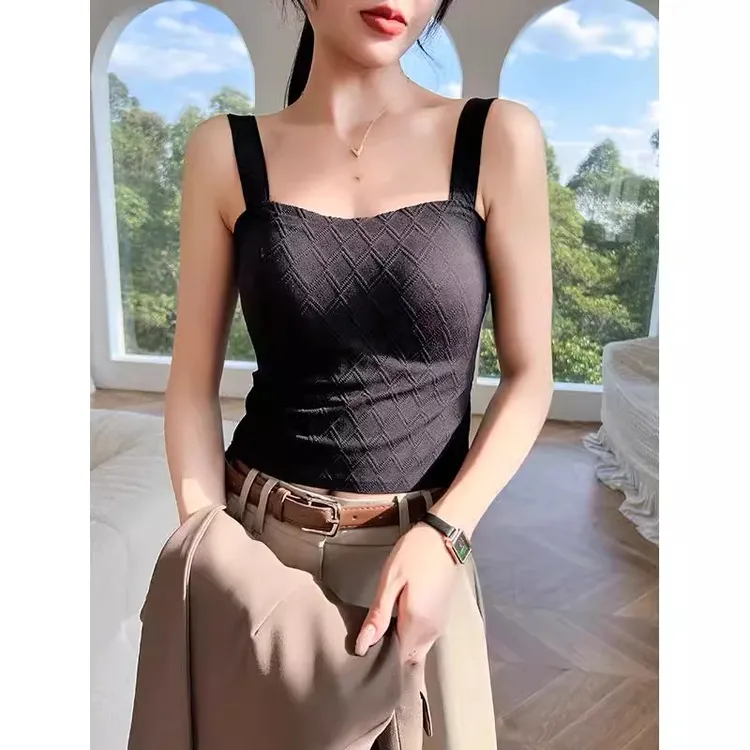 黑色格纹吊带背心女2025新款早春内搭带胸垫显瘦短款打底无袖上衣