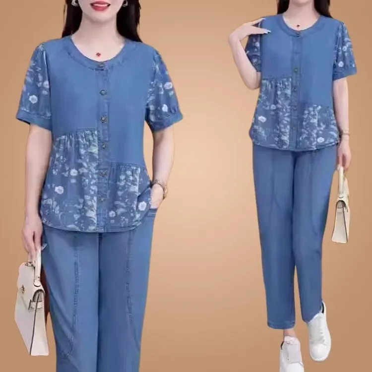 爆款套装牛仔色休闲妈妈夏装2025短袖中年时尚印花两件套夏季新款