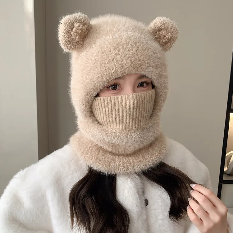 小熊时尚加厚防寒防风帽子围脖口罩一体骑行防风护耳网红雷锋帽