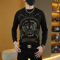 秋冬季轻奢潮流时尚男士款舒适植绒个性痞帅百搭烫钻修身圆领长袖