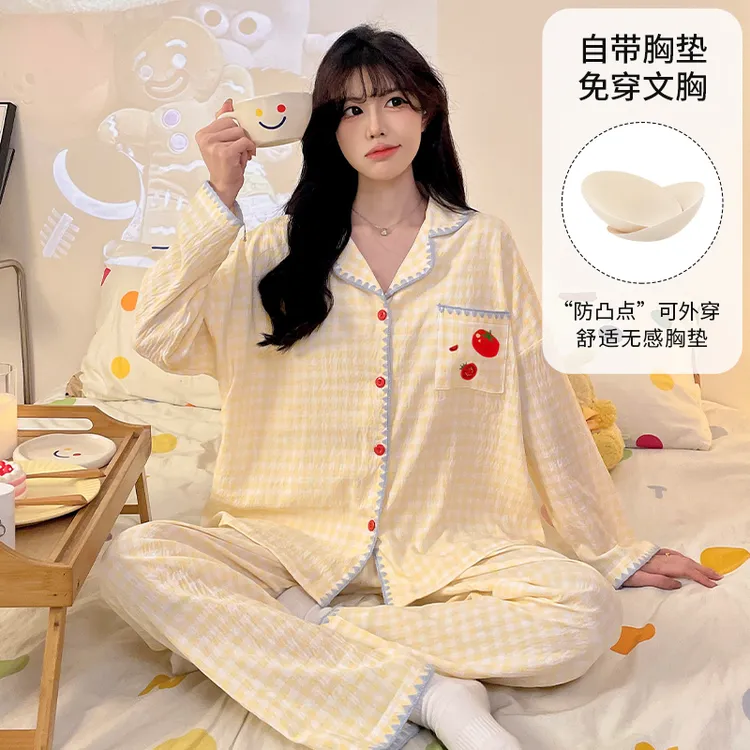 【奶酪番茄】甜美卡通睡衣女春秋冬季新款带胸垫长袖格子家居服套装