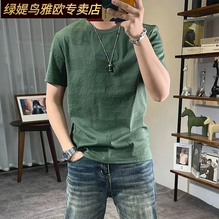 麻透气男装修身短袖圆领打底潮流满身字母印花t恤半袖上衣