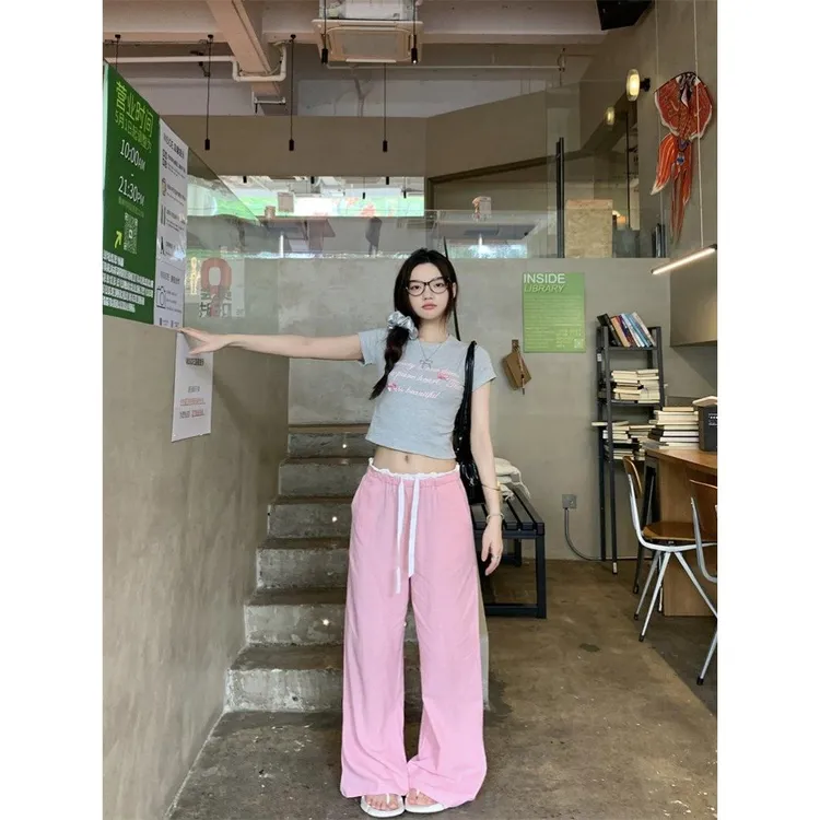 慵懒风抽绳格子高腰休闲裤阔腿裤女夏季撞色拼接直筒裤拖地裤长裤