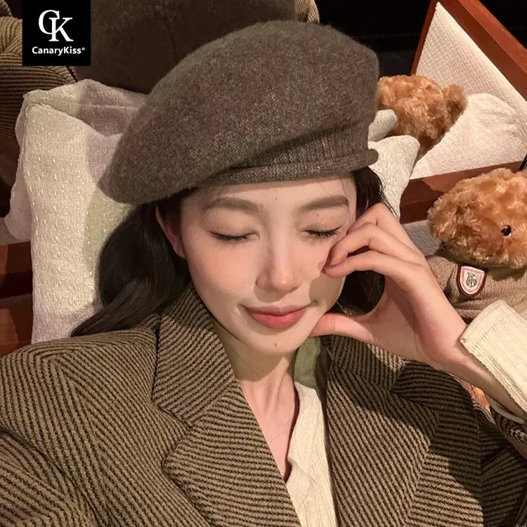 CanaryKiss日系复古贝雷帽女秋冬含羊毛针织毛线帽毛呢显脸小帽子