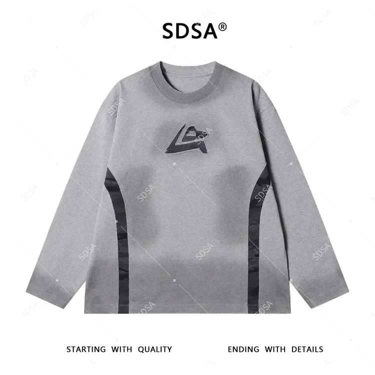 SDSA男士2025新款轻奢痞帅男装撞色拼接圆领长袖T恤百搭休闲上衣