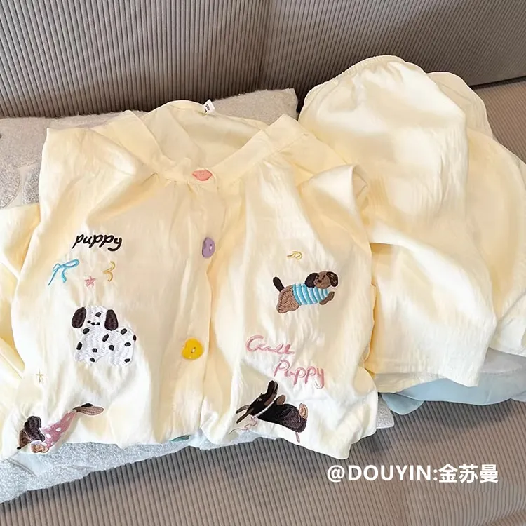 带胸垫萌狗睡衣女夏季2025新款云朵棉短袖短裤套装学生可爱家居服