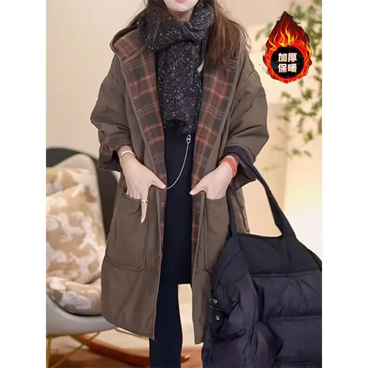 高档轻奢连帽女款宽松中长款棉衣2025秋冬新款保暖显瘦气质百搭