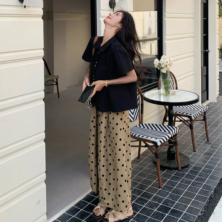 黑色翻领衬衫套装女夏季新款一整套穿搭波点九分波点阔腿裤两件套