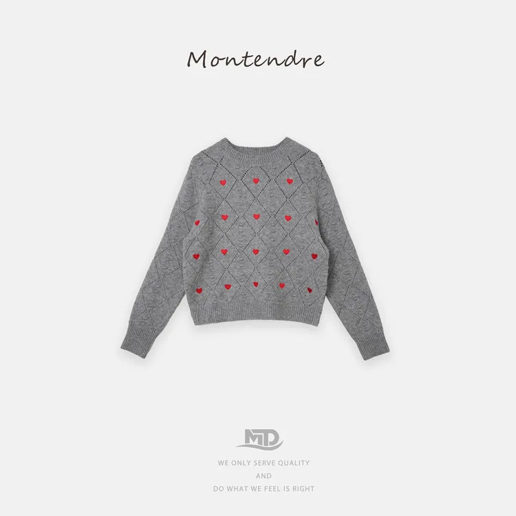 【MonTendre】秋冬新款 K 宽松毛针织衫双色提花宽松休闲爱心上衣女