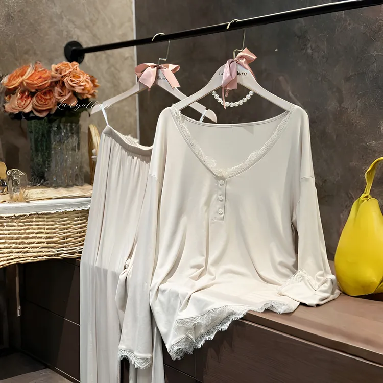 超舒服代尔棉舒适柔软蕾丝V领纯欲气质睡衣女春秋时尚家居服套装