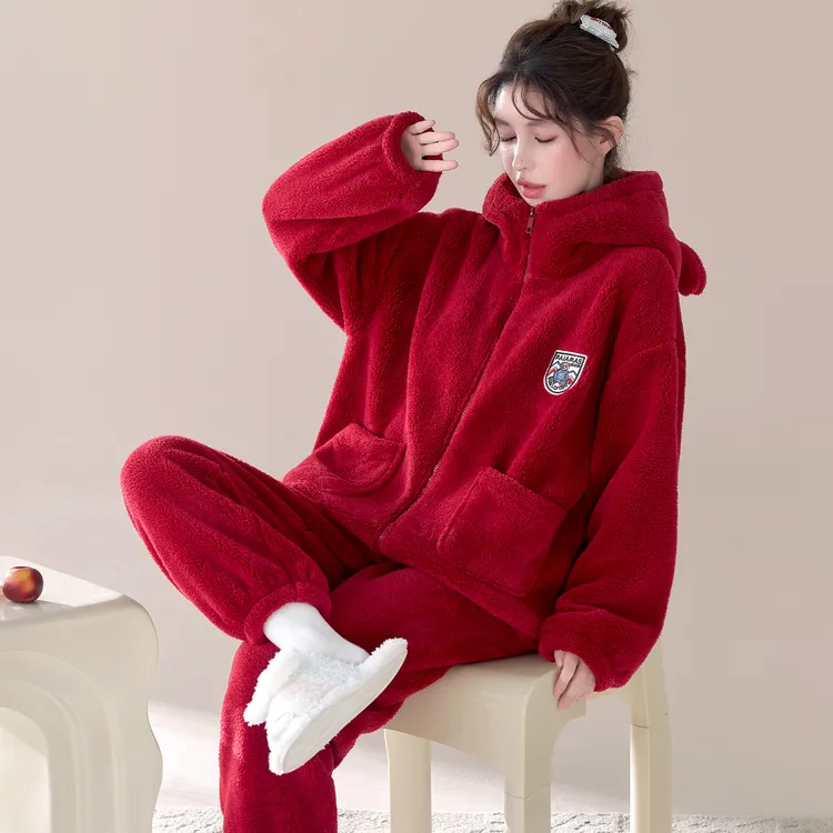 【加绒加厚】雪花绒连帽秋冬甜美睡衣学生套装可外穿家居服女宽松